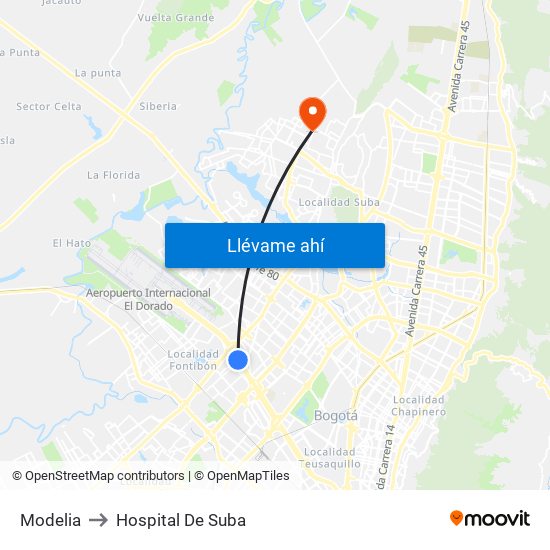 Modelia to Hospital De Suba map