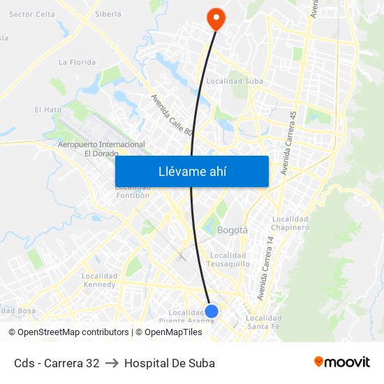 Cds - Carrera 32 to Hospital De Suba map