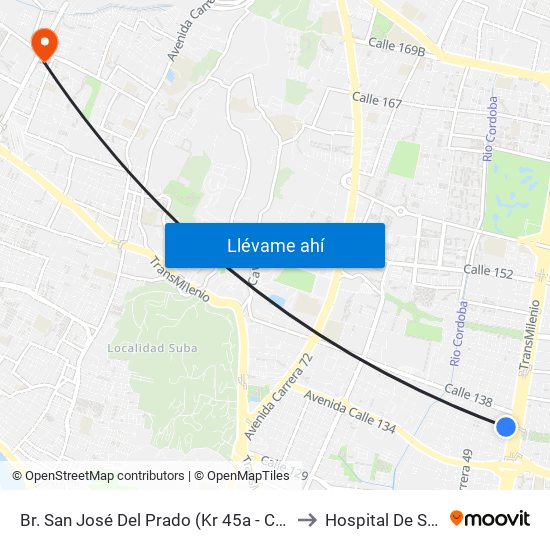 Br. San José Del Prado (Kr 45a - Cl 137) to Hospital De Suba map