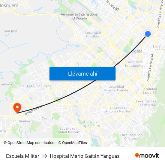 Escuela Militar to Hospital Mario Gaitán Yanguas map
