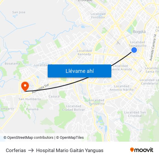 Corferias to Hospital Mario Gaitán Yanguas map