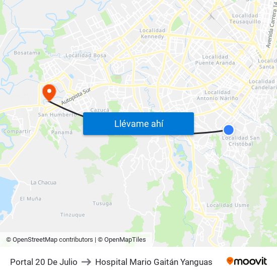 Portal 20 De Julio to Hospital Mario Gaitán Yanguas map