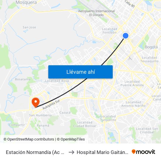 Estación Normandía (Ac 26 - Kr 74) to Hospital Mario Gaitán Yanguas map