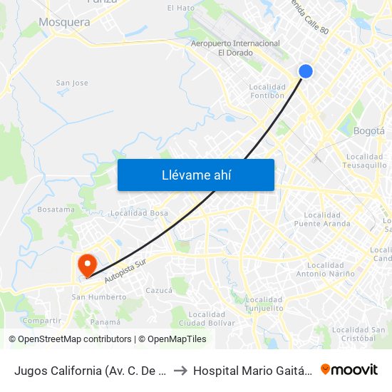 Jugos California (Av. C. De Cali - Ac 63) to Hospital Mario Gaitán Yanguas map