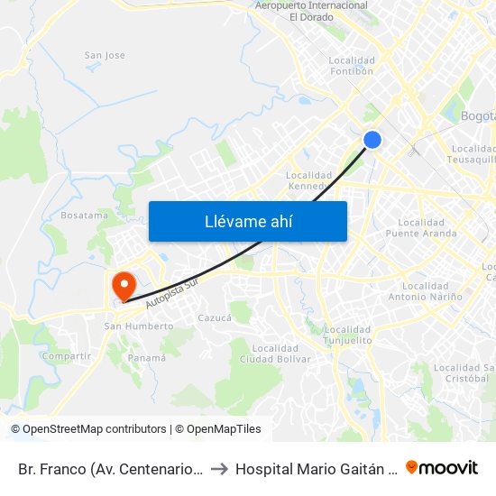 Br. Franco (Av. Centenario - Kr 69b) to Hospital Mario Gaitán Yanguas map