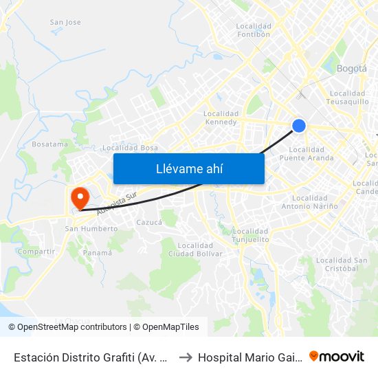 Estación Distrito Grafiti (Av. Américas - Kr 53a) to Hospital Mario Gaitán Yanguas map