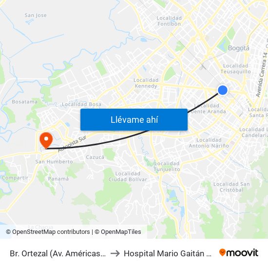 Br. Ortezal (Av. Américas - Tv 39) to Hospital Mario Gaitán Yanguas map