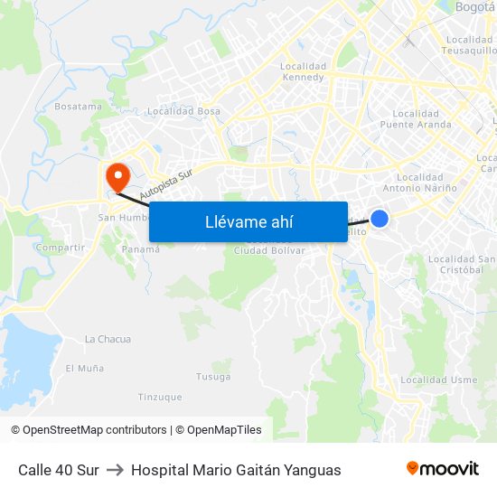 Calle 40 Sur to Hospital Mario Gaitán Yanguas map