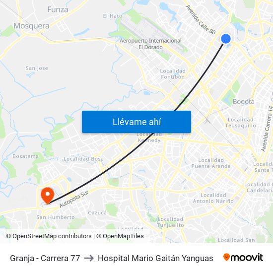 Granja - Carrera 77 to Hospital Mario Gaitán Yanguas map