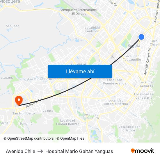 Avenida Chile to Hospital Mario Gaitán Yanguas map