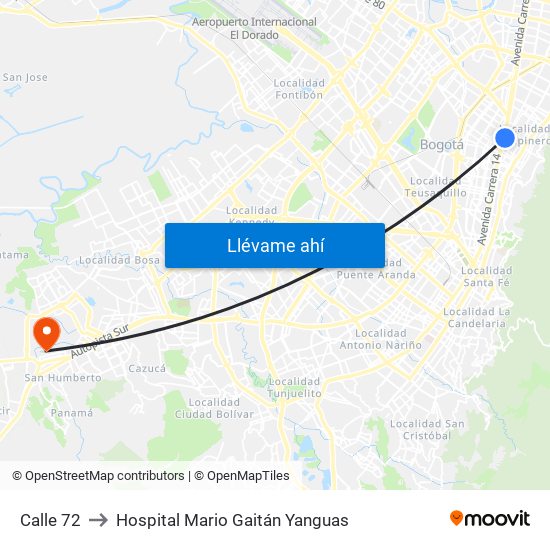 Calle 72 to Hospital Mario Gaitán Yanguas map