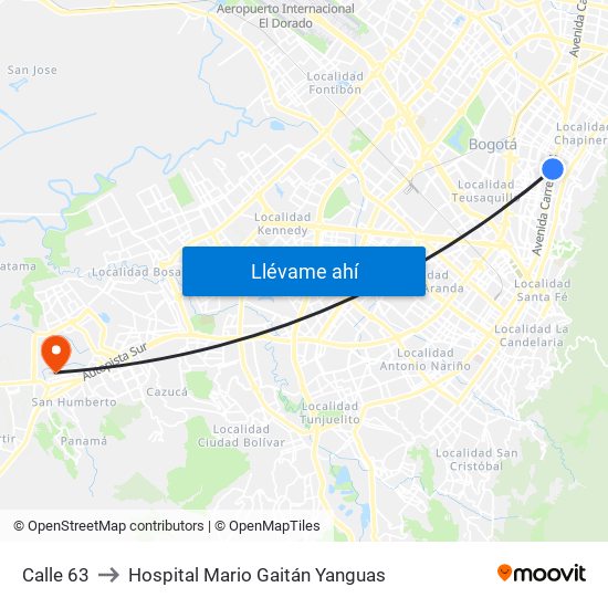 Calle 63 to Hospital Mario Gaitán Yanguas map