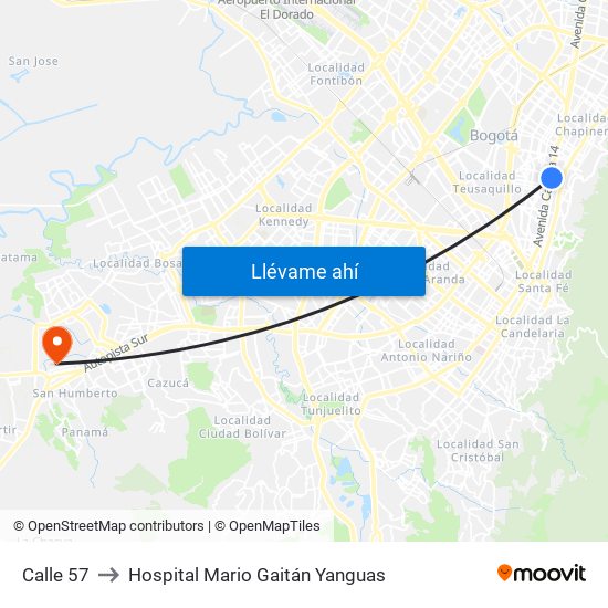 Calle 57 to Hospital Mario Gaitán Yanguas map