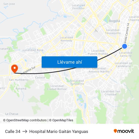 Calle 34 to Hospital Mario Gaitán Yanguas map