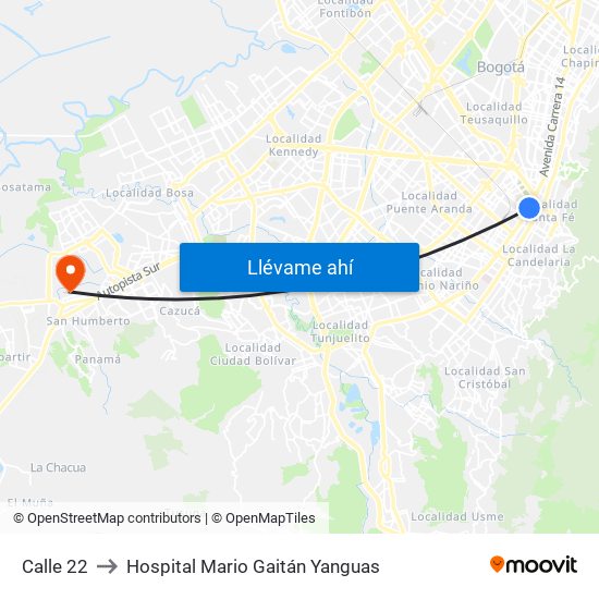 Calle 22 to Hospital Mario Gaitán Yanguas map