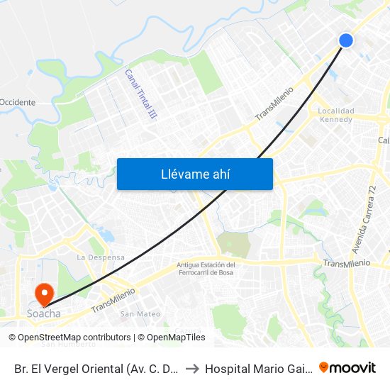 Br. El Vergel Oriental (Av. C. De Cali - Cl 10b) (A) to Hospital Mario Gaitán Yanguas map