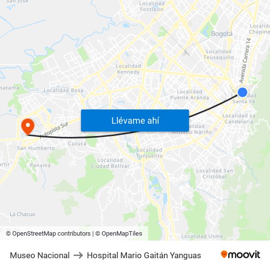 Museo Nacional to Hospital Mario Gaitán Yanguas map