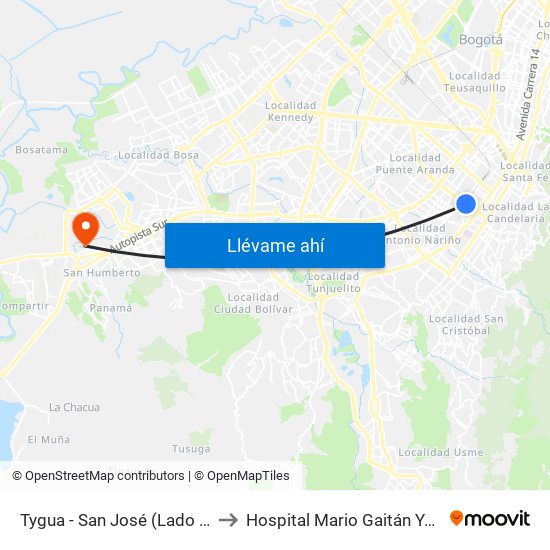 Tygua - San José (Lado Norte) to Hospital Mario Gaitán Yanguas map