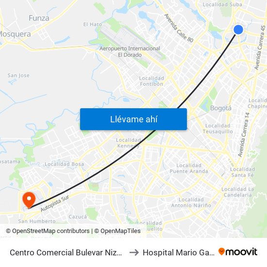 Centro Comercial Bulevar Niza (Ac 127 - Av. Suba) to Hospital Mario Gaitán Yanguas map