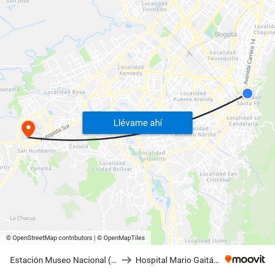 Estación Museo Nacional (Ak 7 - Cl 29) to Hospital Mario Gaitán Yanguas map