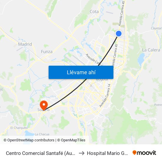 Centro Comercial Santafé (Auto Norte - Cl 187) (B) to Hospital Mario Gaitán Yanguas map