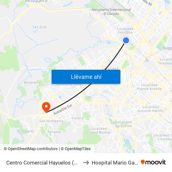 Centro Comercial Hayuelos (Av. C. De Cali - Cl 20) to Hospital Mario Gaitán Yanguas map