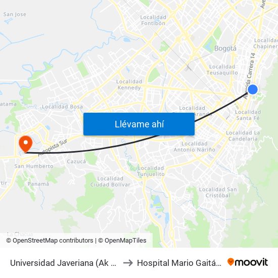 Universidad Javeriana (Ak 7 - Cl 40) (B) to Hospital Mario Gaitán Yanguas map