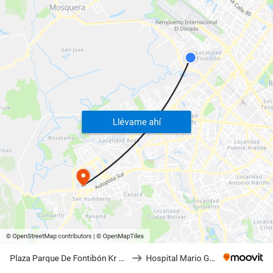 Plaza Parque De Fontibón Kr 100 (Kr 100 - Cl 17a) to Hospital Mario Gaitán Yanguas map