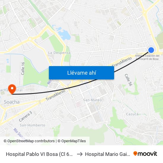 Hospital Pablo VI Bosa (Cl 63 Sur - Kr 77g) (A) to Hospital Mario Gaitán Yanguas map