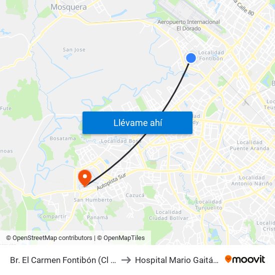 Br. El Carmen Fontibón (Cl 17 - Kr 100) to Hospital Mario Gaitán Yanguas map