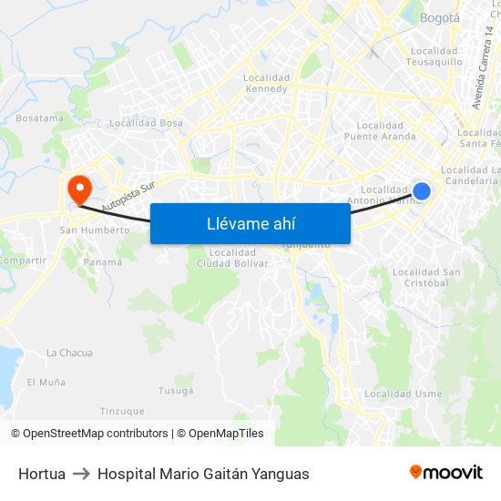 Hortua to Hospital Mario Gaitán Yanguas map