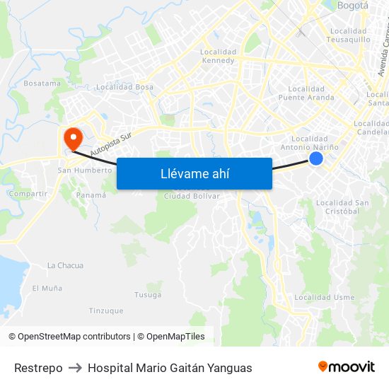 Restrepo to Hospital Mario Gaitán Yanguas map