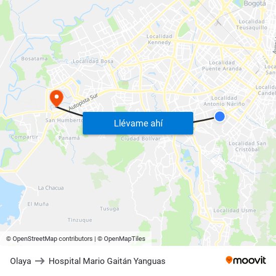 Olaya to Hospital Mario Gaitán Yanguas map