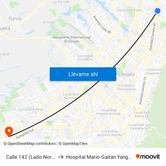 Calle 142 (Lado Norte) to Hospital Mario Gaitán Yanguas map