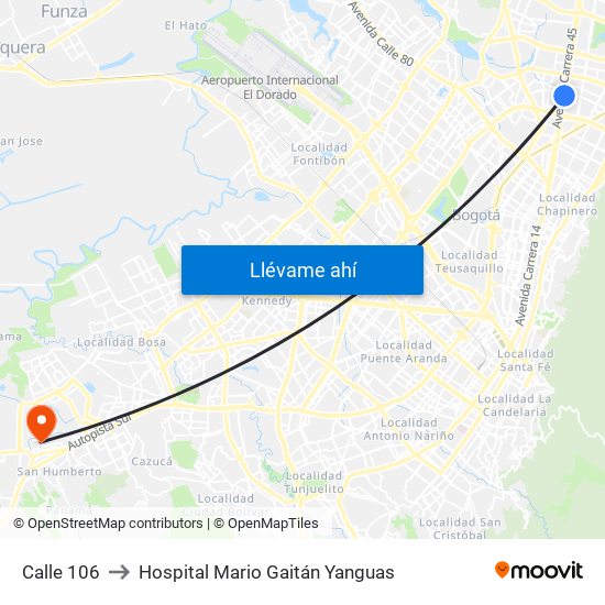 Calle 106 to Hospital Mario Gaitán Yanguas map