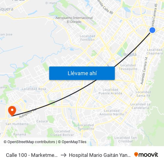 Calle 100 - Marketmedios to Hospital Mario Gaitán Yanguas map