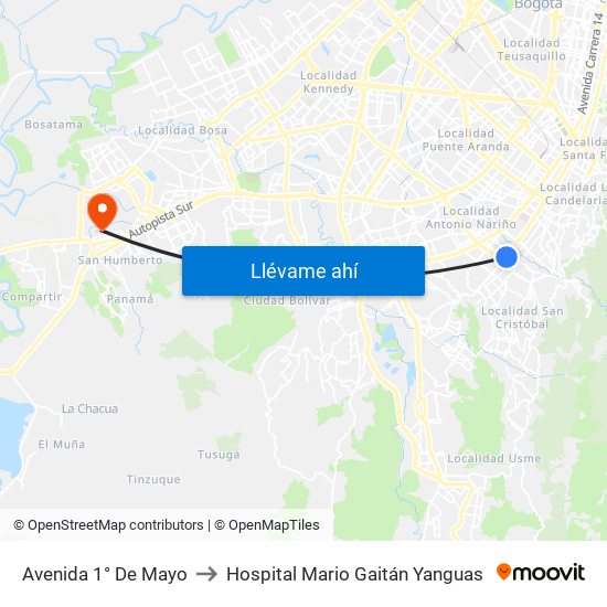 Avenida 1° De Mayo to Hospital Mario Gaitán Yanguas map