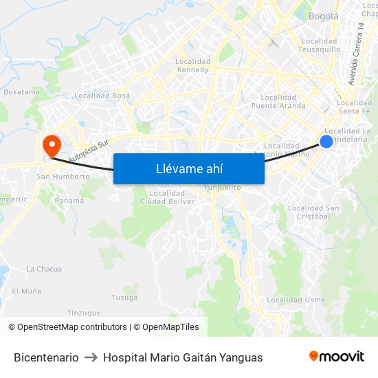 Bicentenario to Hospital Mario Gaitán Yanguas map