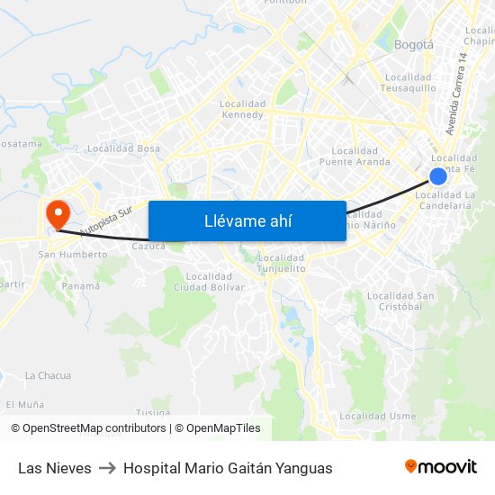 Las Nieves to Hospital Mario Gaitán Yanguas map