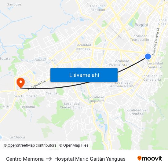 Centro Memoria to Hospital Mario Gaitán Yanguas map