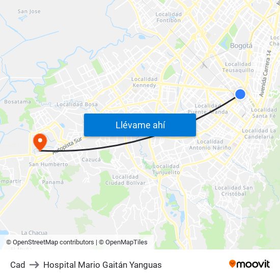 Cad to Hospital Mario Gaitán Yanguas map