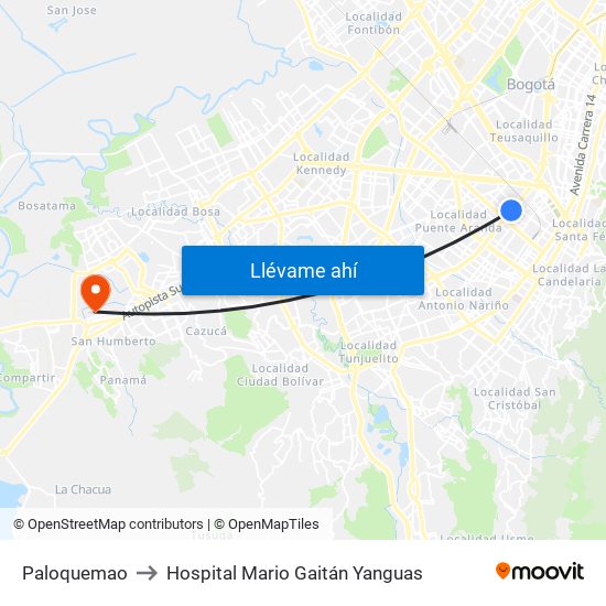 Paloquemao to Hospital Mario Gaitán Yanguas map