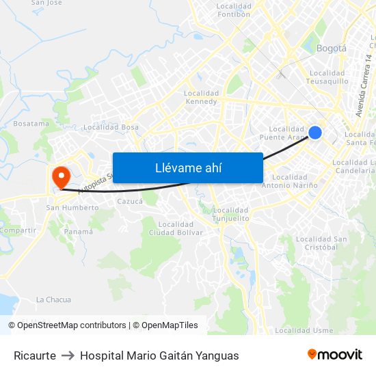 Ricaurte to Hospital Mario Gaitán Yanguas map
