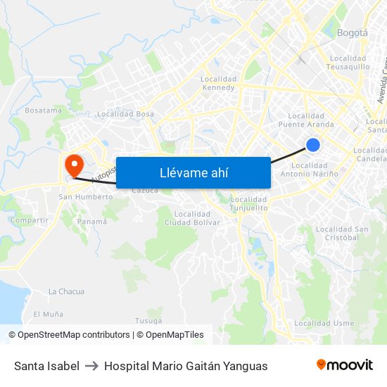 Santa Isabel to Hospital Mario Gaitán Yanguas map