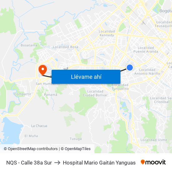 NQS - Calle 38a Sur to Hospital Mario Gaitán Yanguas map