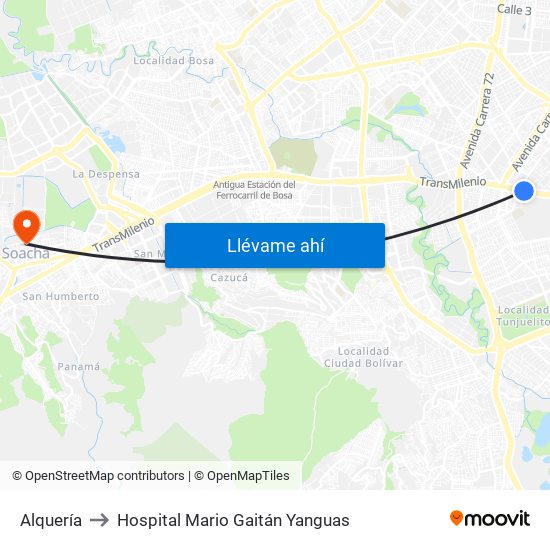 Alquería to Hospital Mario Gaitán Yanguas map