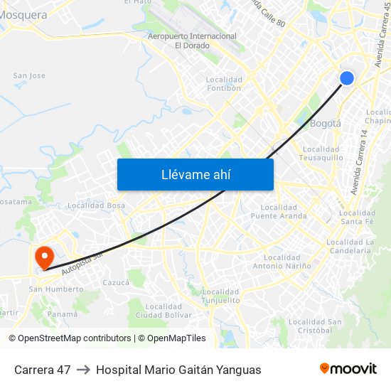 Carrera 47 to Hospital Mario Gaitán Yanguas map