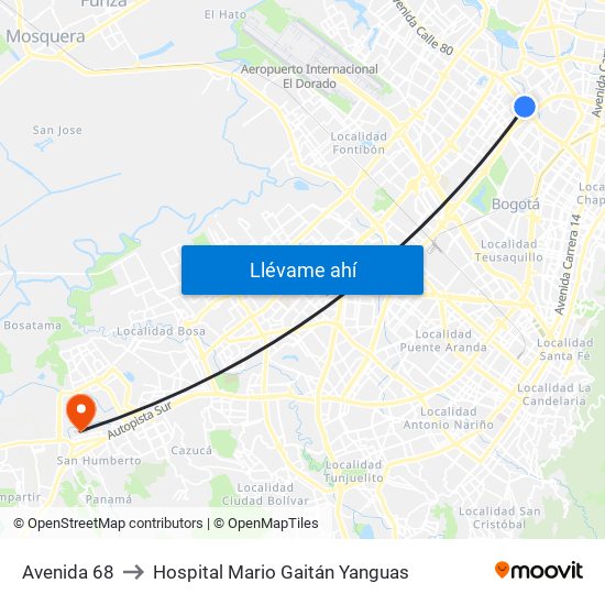 Avenida 68 to Hospital Mario Gaitán Yanguas map