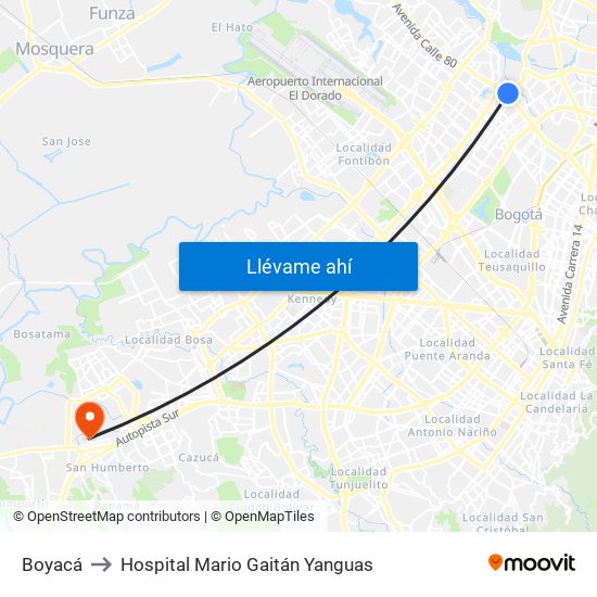 Boyacá to Hospital Mario Gaitán Yanguas map