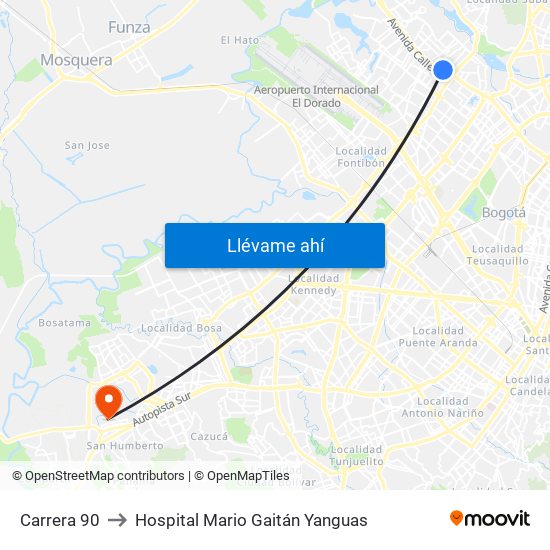 Carrera 90 to Hospital Mario Gaitán Yanguas map